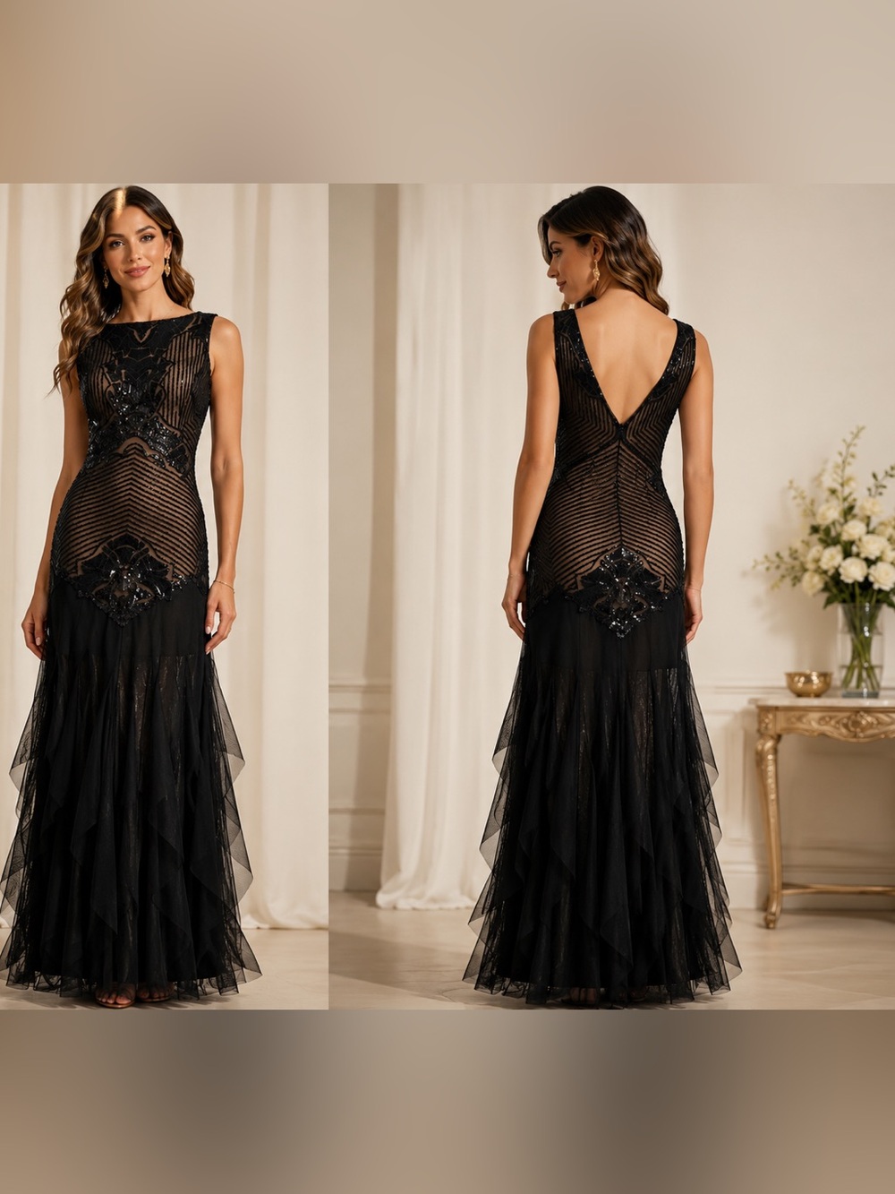 BCBGMAXAZRIA Black Sequin Mesh Tulle Maxi Gown Open Back Evening Dress